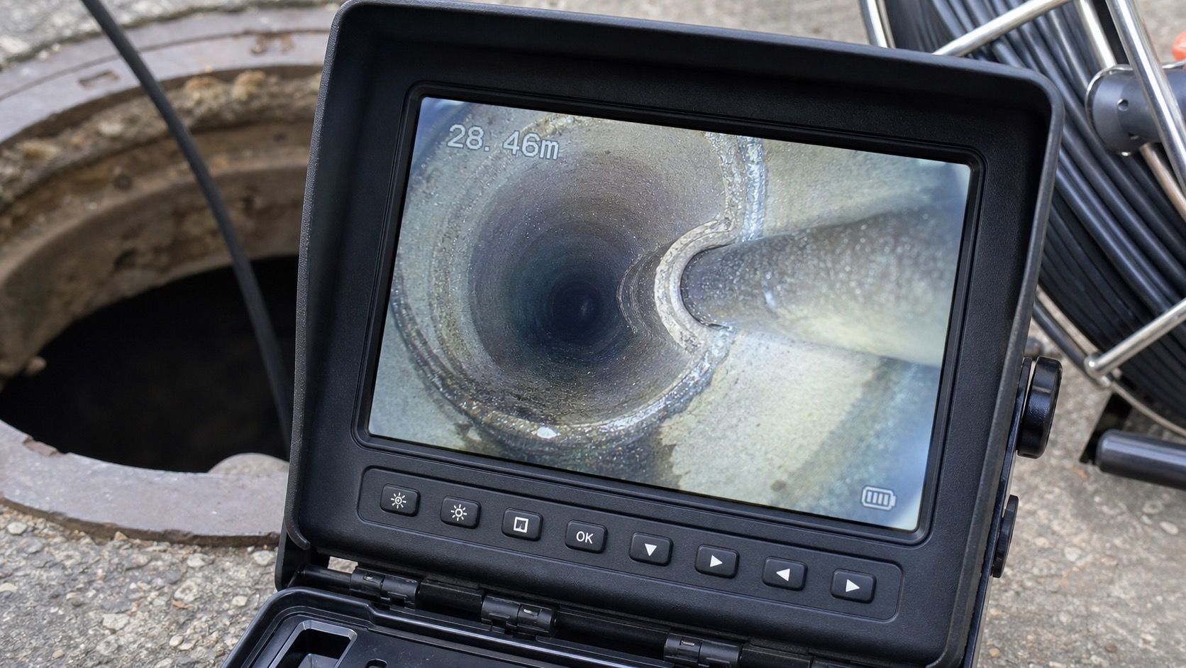 Écran d'inspection télévisée montrant un piquage arrivant sur une canalisation, avec le métrage affiché à l'image