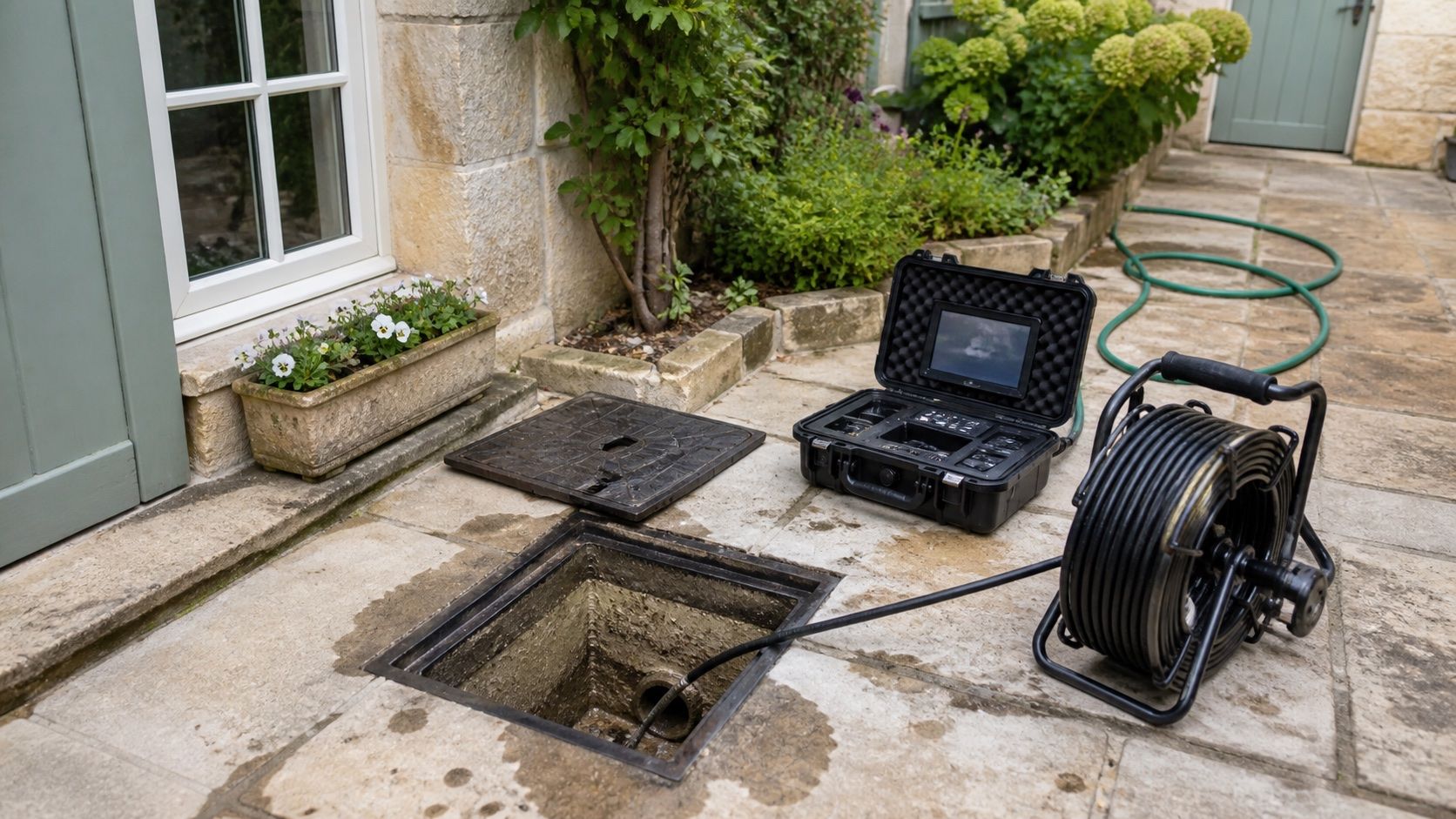 Regard d'évacuation ouvert sur une terrasse, enrouleur et écran d'inspection caméra posés à côté