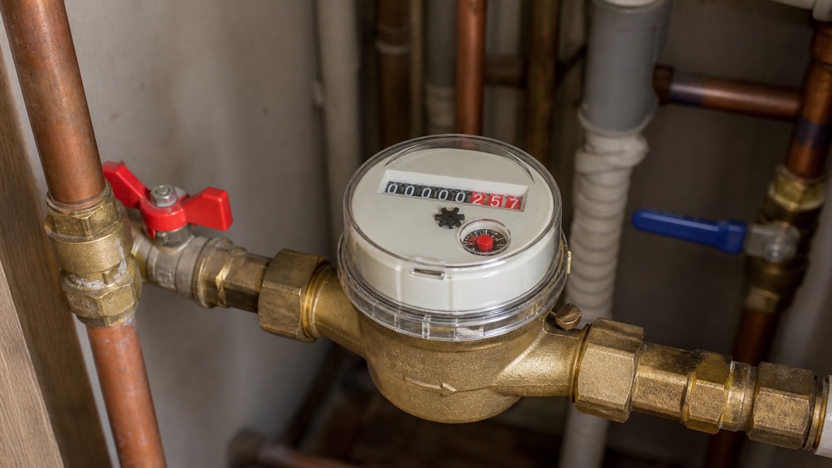 Compteur d'eau et son étoile témoin de passage, vanne d'arrêt rouge en amont