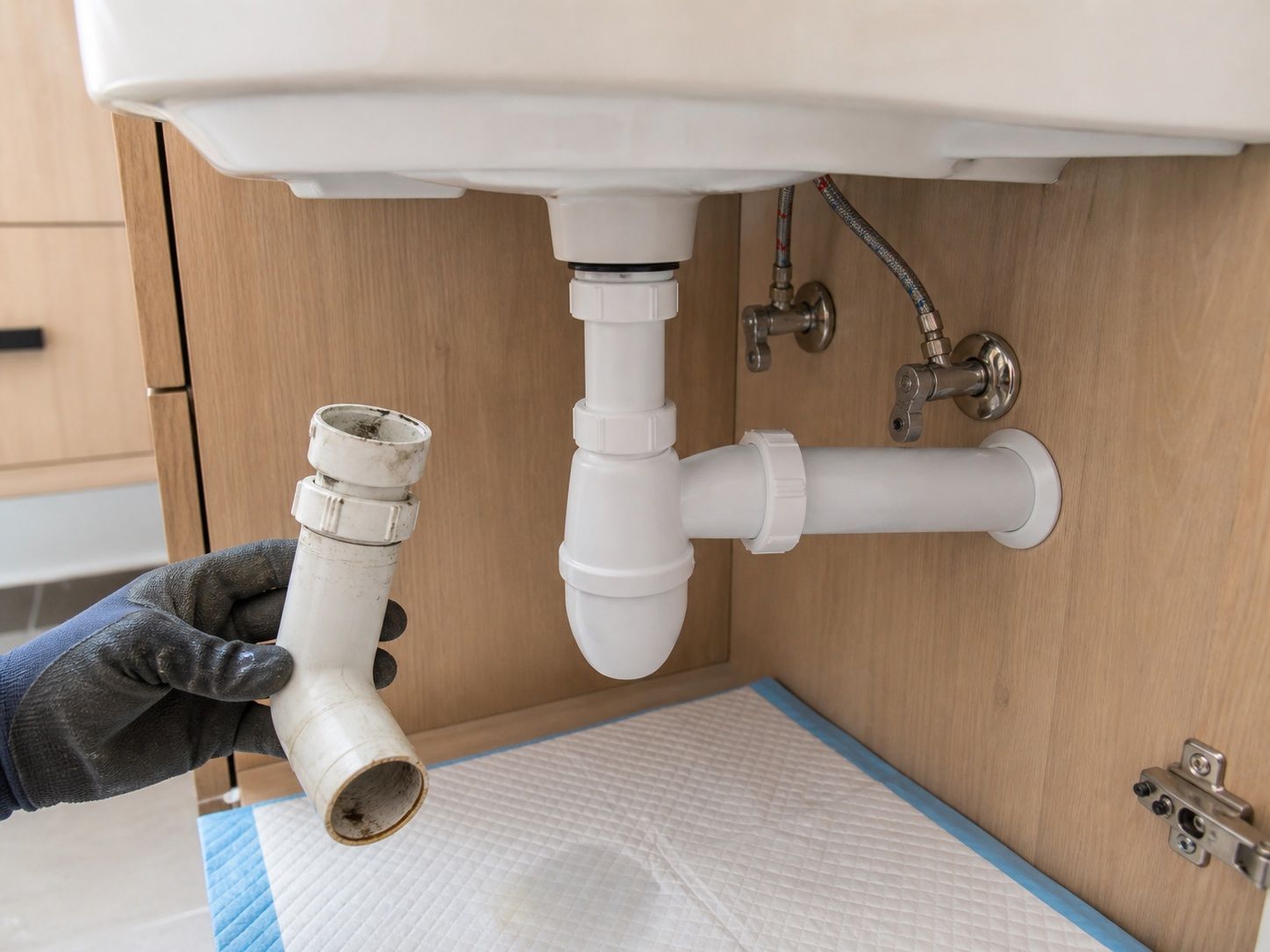 Siphon démonté sous un lavabo, tapis absorbant déployé au sol