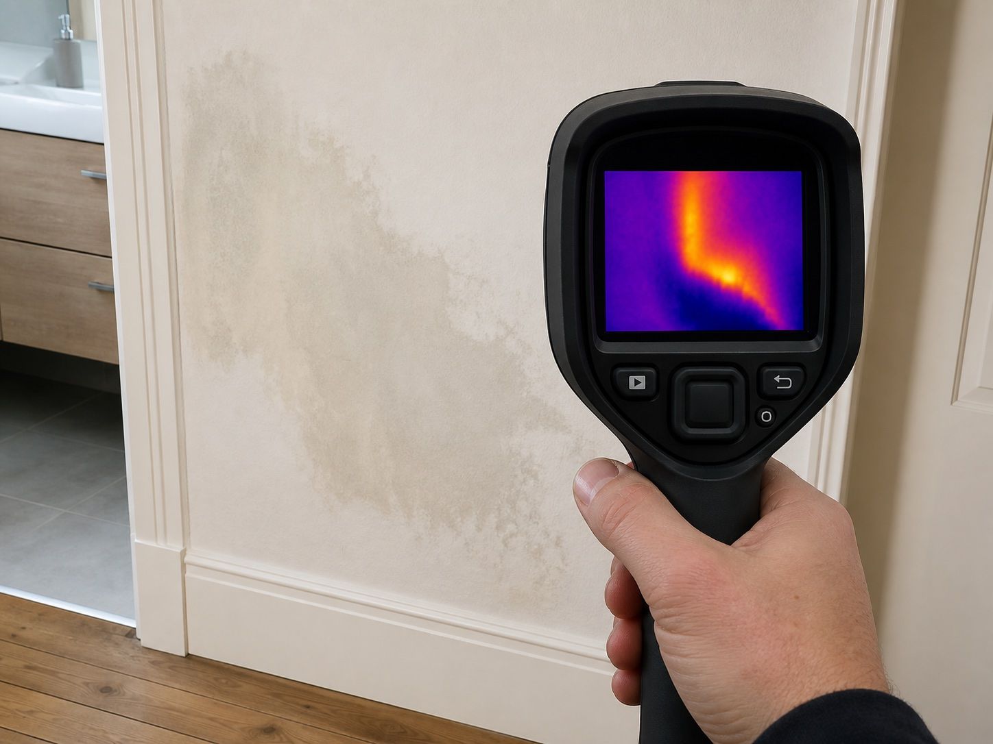 Caméra thermique tenue face à une cloison tachée, l'anomalie lisible à l'écran