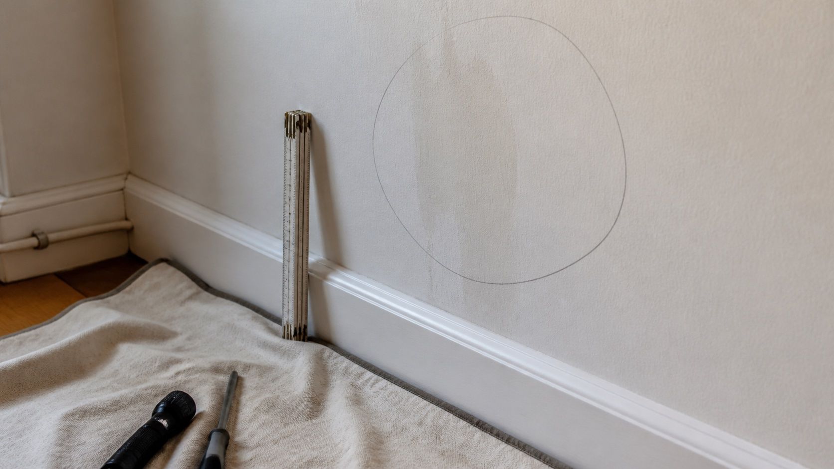 Zone humide entourée au crayon sur une cloison, mètre pliant dressé contre la plinthe
